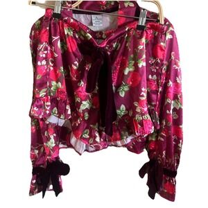 8 Oak Lane Pink Satin‎ Ruffle Short PJ Set, Floral Red, Velvet Bows Sz S